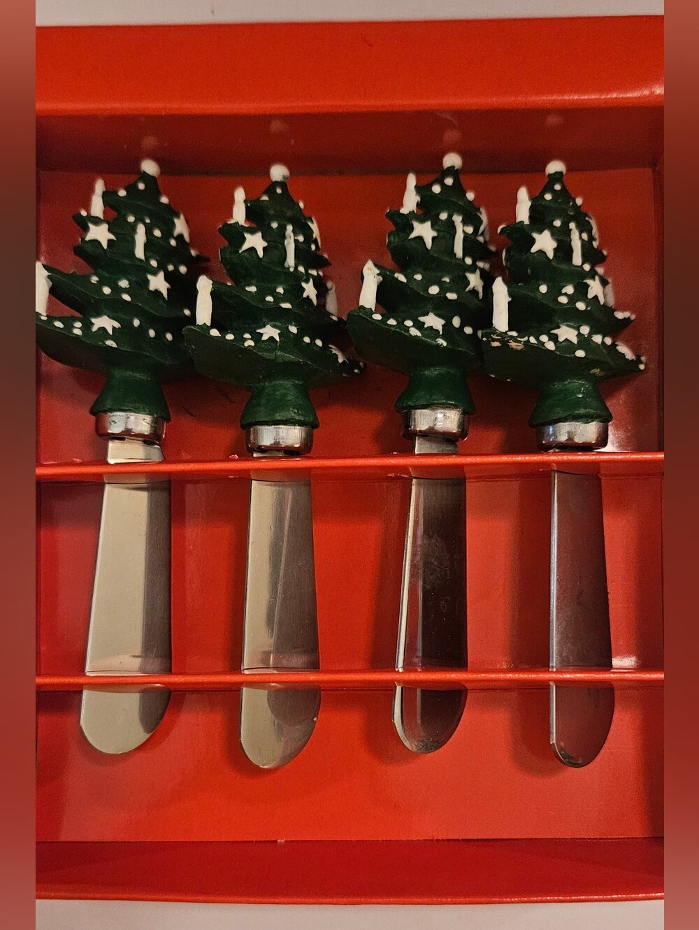 Waechtersbach Christmas Tree Cheese Spreaders- 4pc Ceramic Stainless Charcuterie